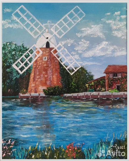 Картина масло/холст Мельница на берегу озера
