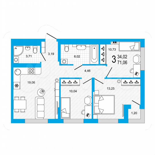 3-к. квартира, 71,1 м², 22/22 эт.