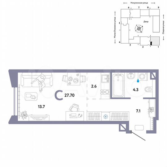 Квартира-студия, 27,7 м², 20/30 эт.