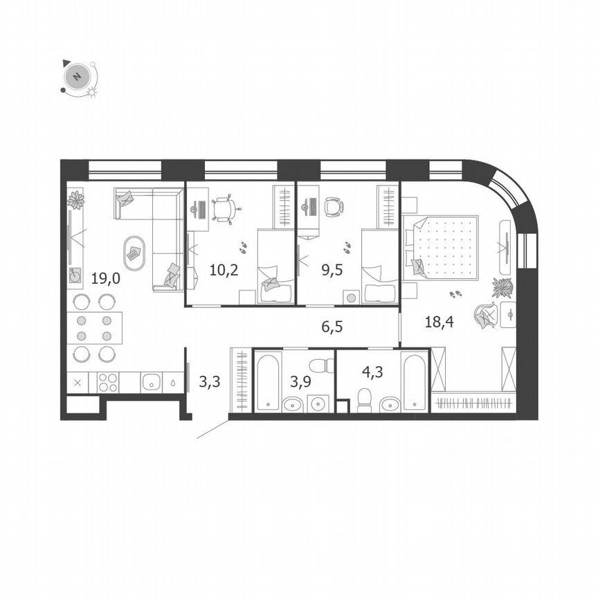 3-к. квартира, 75,1 м², 2/5 эт.