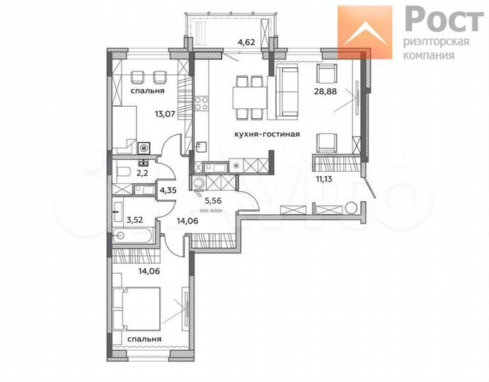 3-к. квартира, 86,4 м², 2/16 эт.