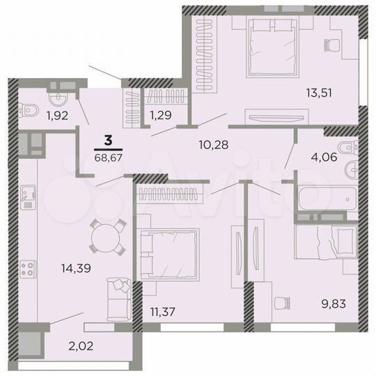 3-к. квартира, 68,7 м², 2/24 эт.