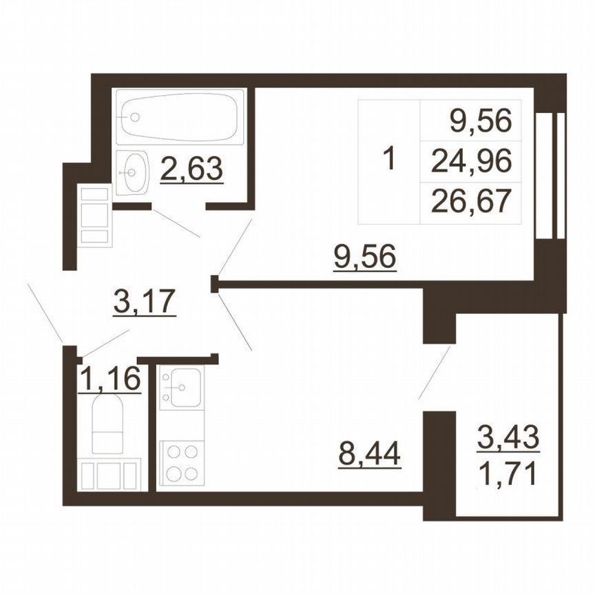 1-к. квартира, 26,7 м², 3/6 эт.