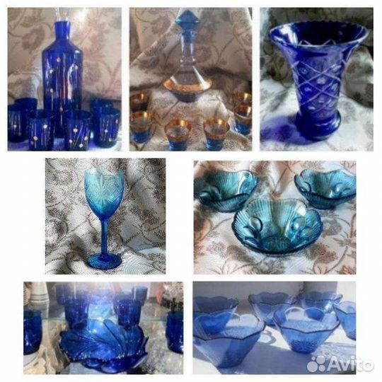 Графин со стопками, креманки, ваза цвета кобальт