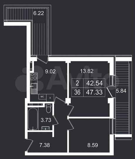 2-к. апартаменты, 47,3 м², 7/8 эт.