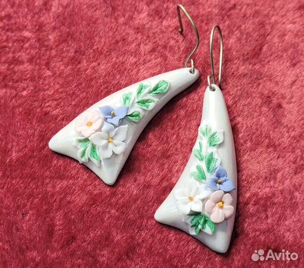Серьги Цветы лепнина фарфор 47*21 мм