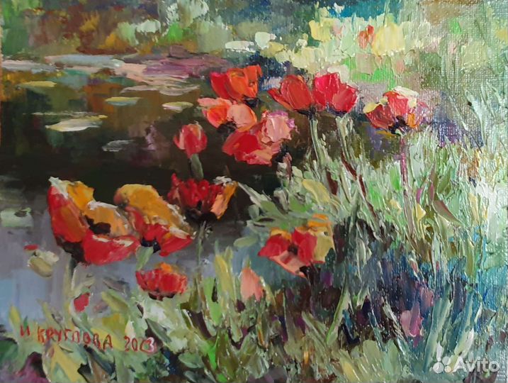 Картина маслом петух куры Розы подсолнухи