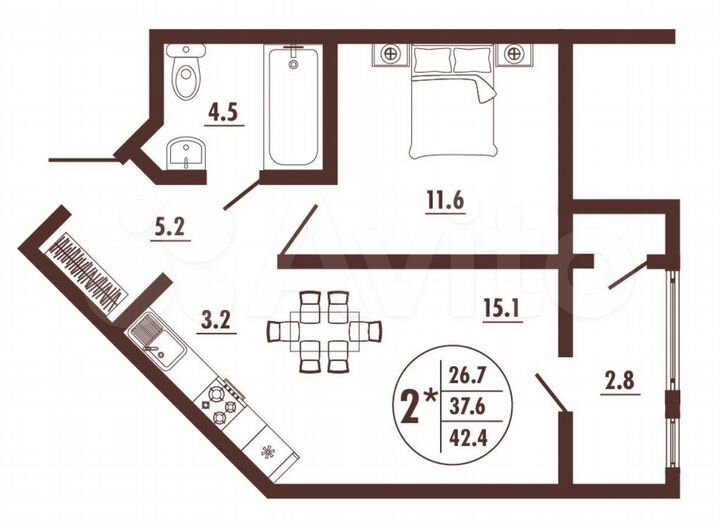 2-к. квартира, 42,4 м², 6/16 эт.