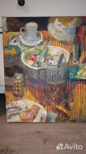 Картины маслом Елка, застолье,коты