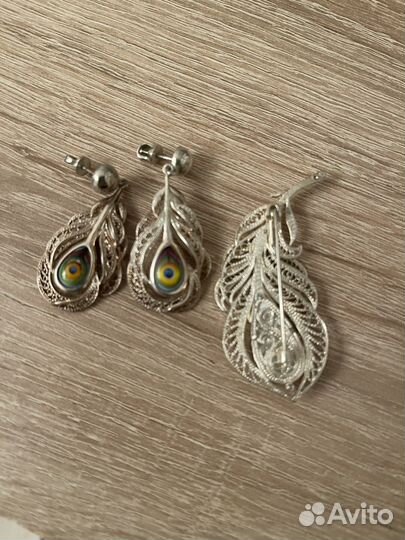 Серьги серебро перо