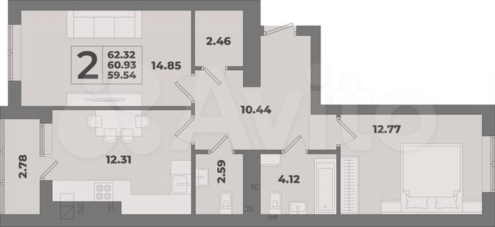 2-к. квартира, 62,3 м², 7/10 эт.