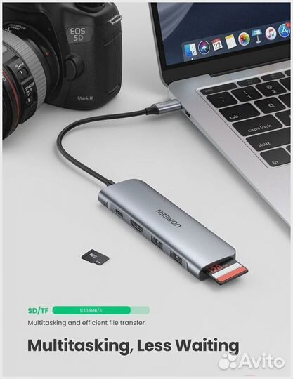 Хаб Ugreen 5в1 2xUSB 3.0 / SD/TF / PD 70411