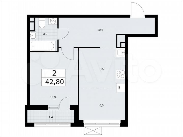 2-к. квартира, 42,8 м², 5/9 эт.