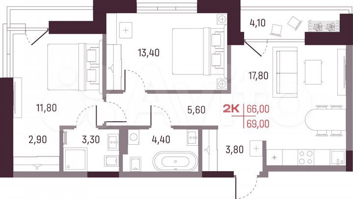 2-к. квартира, 66 м², 6/25 эт.