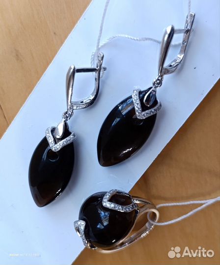 Серьги кольцо раухтопаз серебро