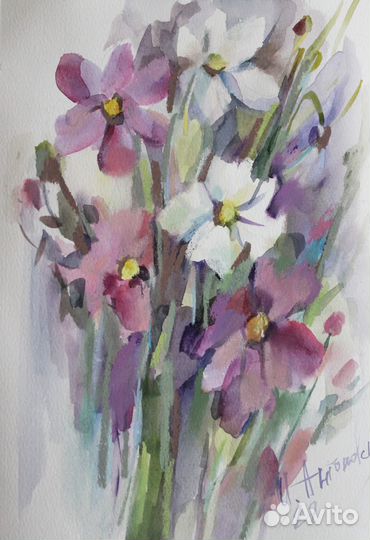 Космея, букет. Акварель и пастель