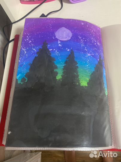 Картина : ноч с зимнем лесом