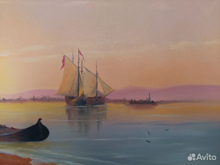 Картина маслом на холсте. Море, корабли