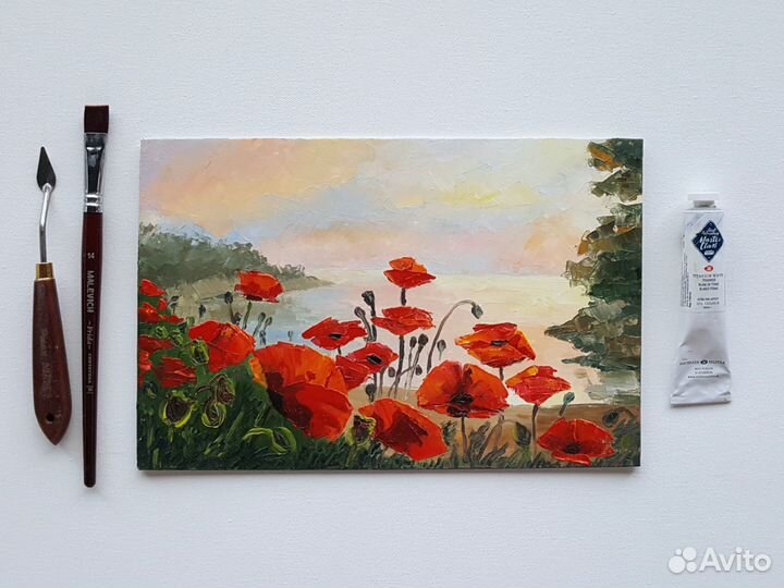 Картина Маки цветы маслом на холсте 20 на 30 см