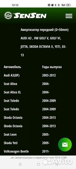 Амортизаторы передние sensen-VW, skoda, audi