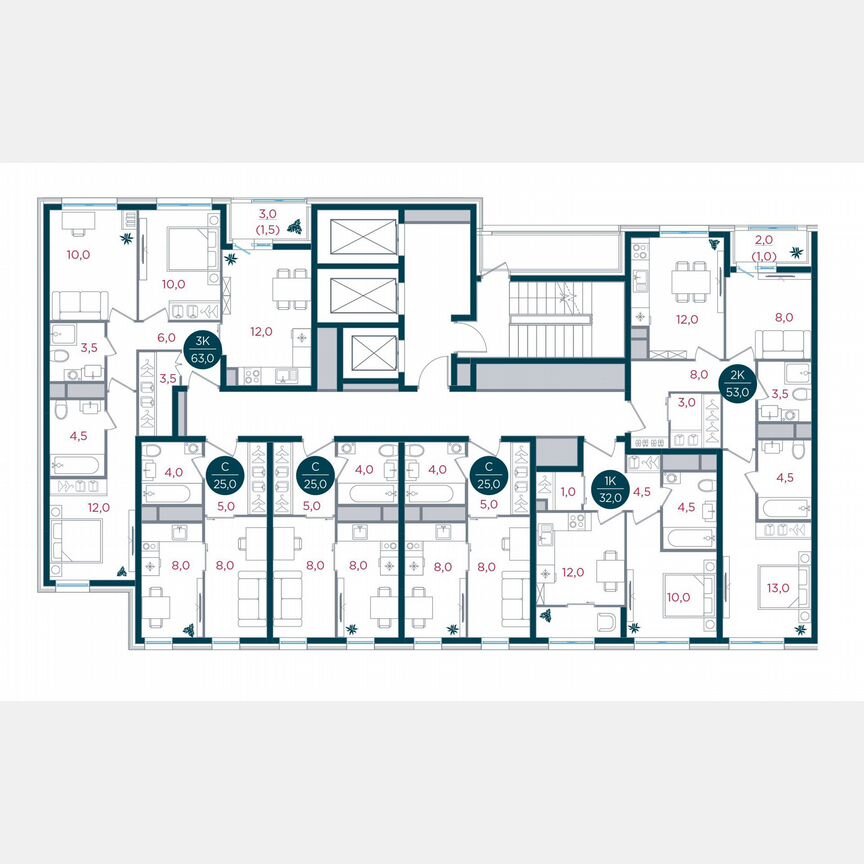 3-к. квартира, 63 м², 12/26 эт.