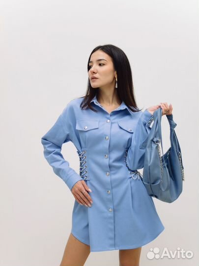 Платье джинсовое со шнуровкой голубое/зеленое