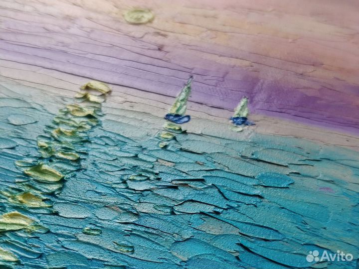 Картина маслом на холсте Море Лодки Закат