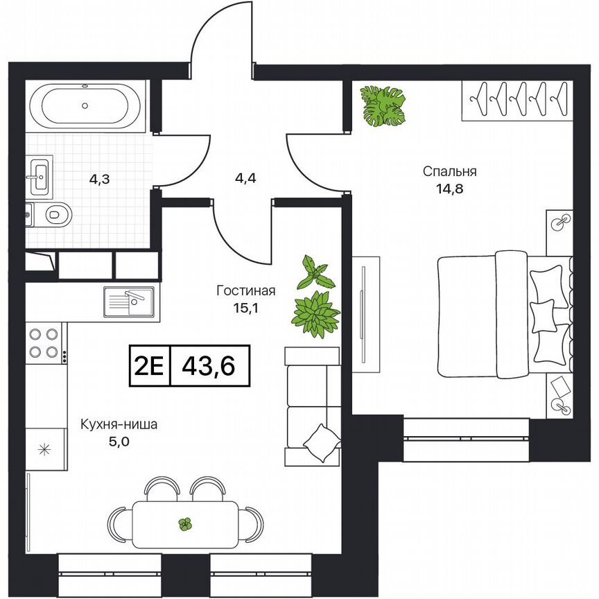 2-к. квартира, 43,6 м², 7/17 эт.