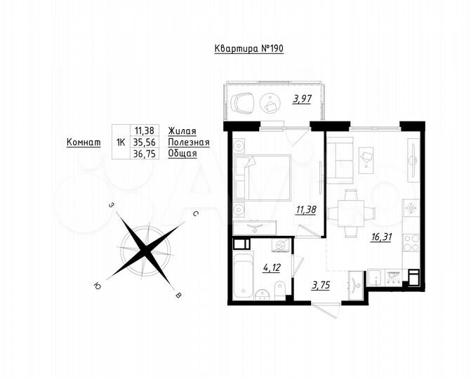 1-к. квартира, 36,8 м², 3/5 эт.