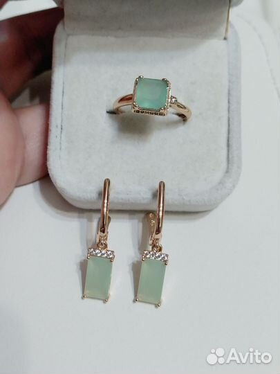 Серьги и кольцо с хризопразом покрытие золото