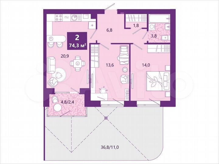 2-к. квартира, 74,3 м², 1/4 эт.