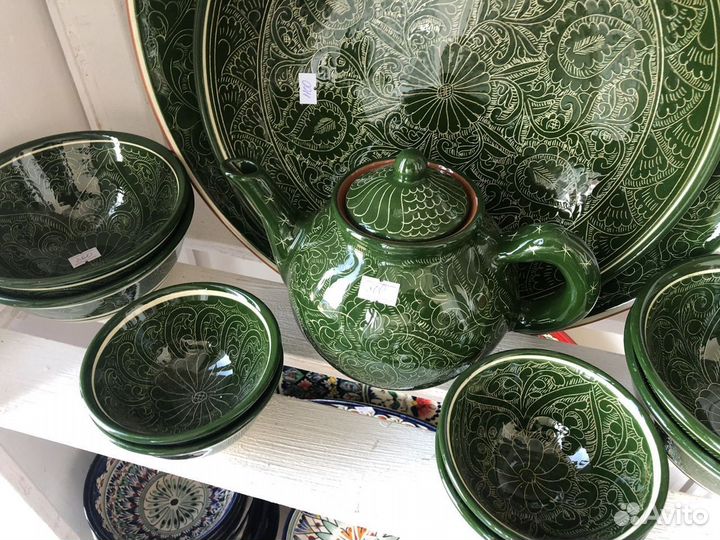 Ляган чайник косы пиала зелёный карандаш