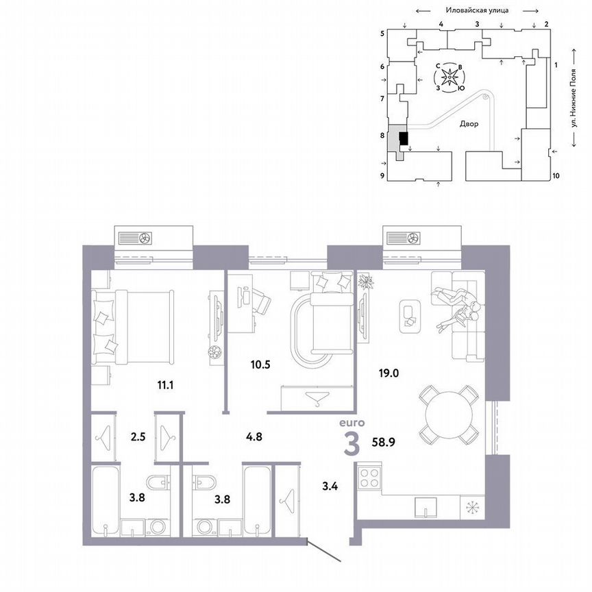 2-к. квартира, 58,9 м², 5/12 эт.