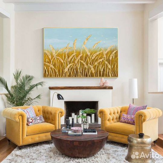 Большая картина маслом Золотая пшеница Текстурная