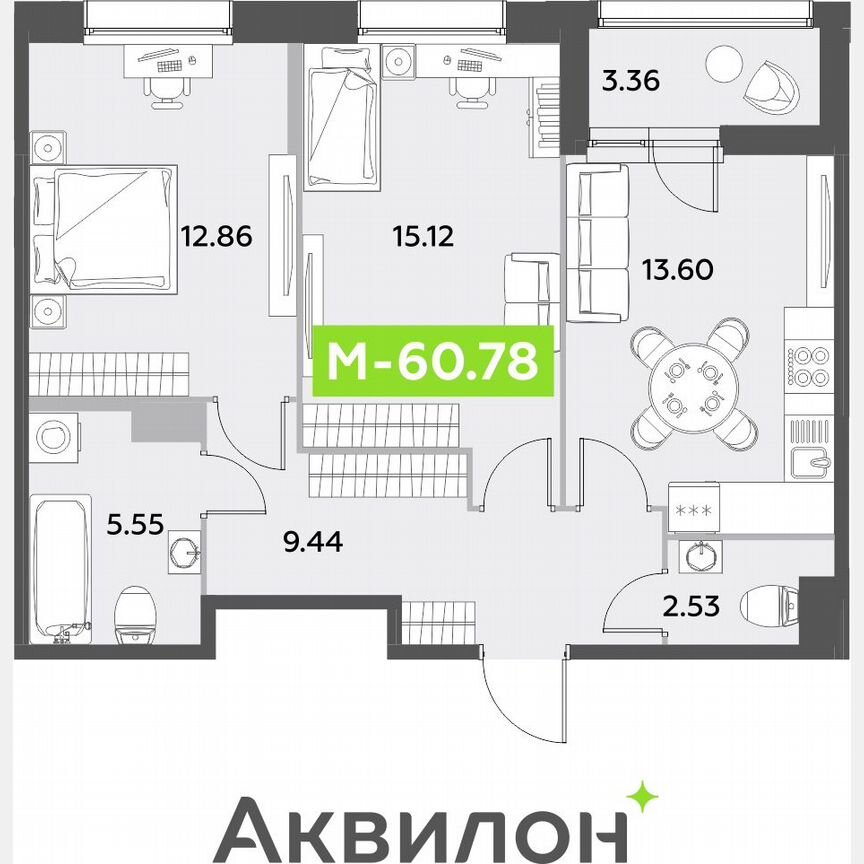 2-к. квартира, 60,8 м², 5/12 эт.