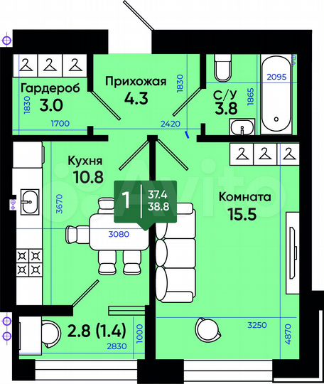 1-к. квартира, 39 м², 2/3 эт.