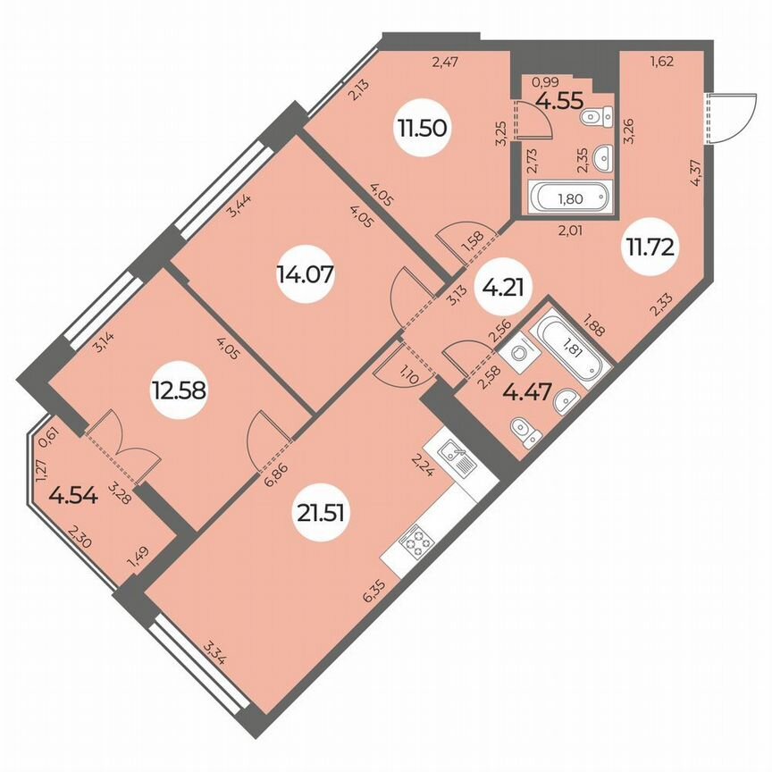 3-к. квартира, 86 м², 14/24 эт.