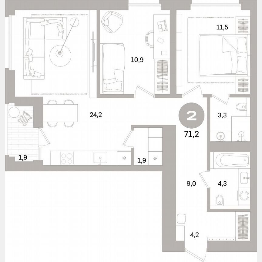 2-к. квартира, 71,1 м², 3/15 эт.