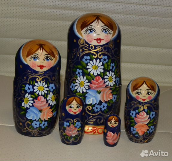 Матрёшка «Полевые цветы» синий платок 5 кукольная