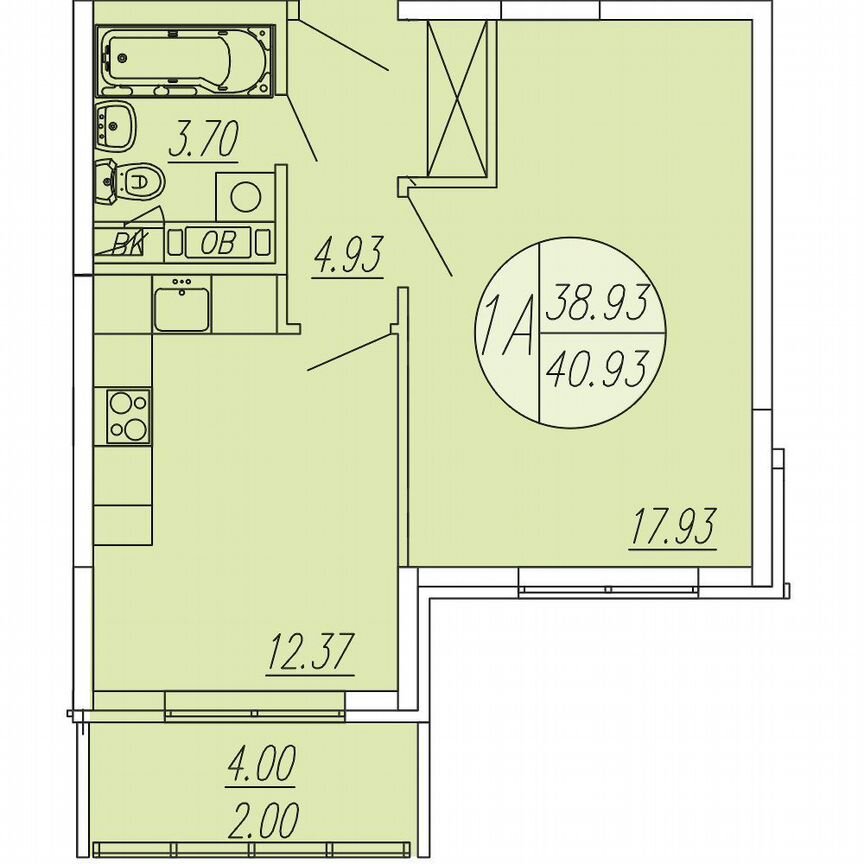 1-к. квартира, 40,9 м², 1/4 эт.