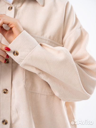 Женская бежевая Рубашка вельветовая оверсайз
