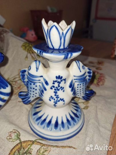 Сахарница, подсвечник гжель