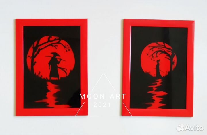 Парные картины на стекле Самураи в рамке 20*30