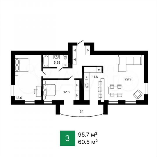 3-к. квартира, 95,7 м², 5/9 эт.