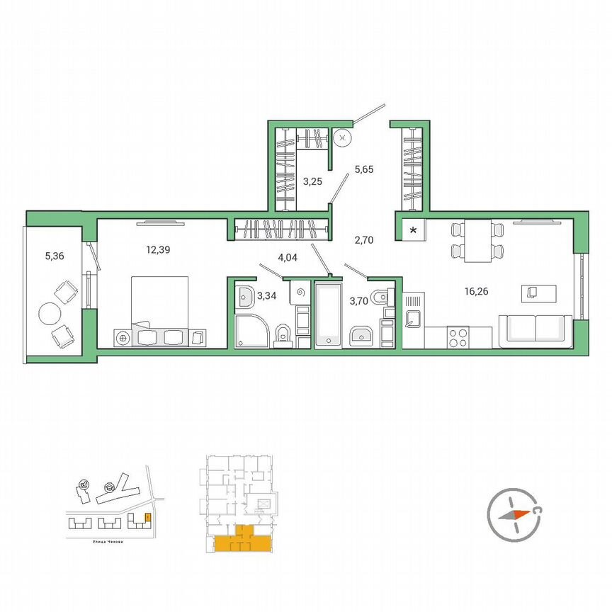 1-к. квартира, 54,3 м², 1/9 эт.