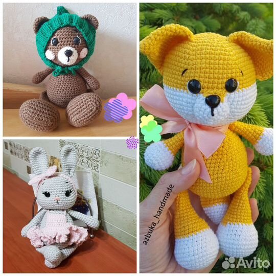 Вязаная игрушка зайка, мишка, панда, единорог