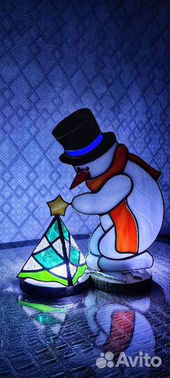 Витражный Снеговик с ёлочкой