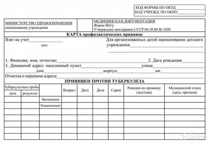 Карта профилактических прививок (форма 063/у)