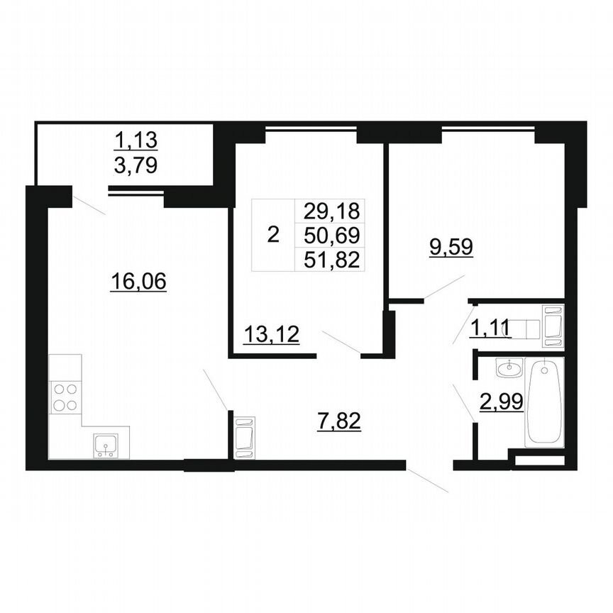 2-к. квартира, 51,8 м², 9/11 эт.