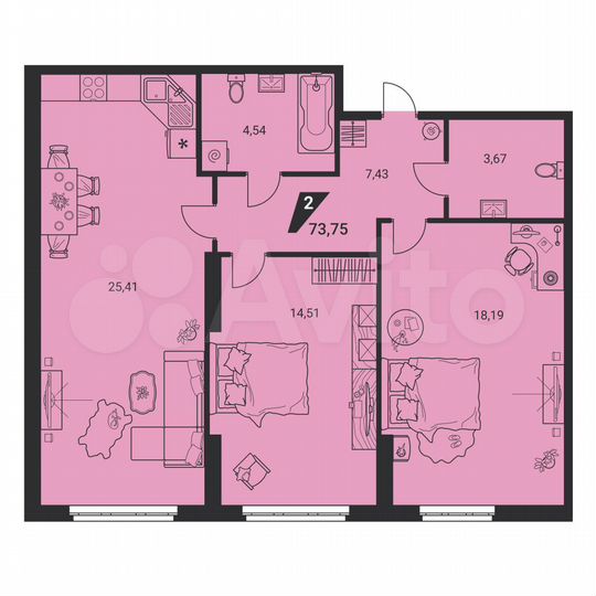 2-к. квартира, 73,8 м², 1/25 эт.
